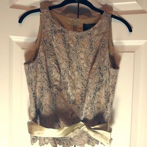 Carmen Marc Valvo Beaded Lace Gold Khaki Top